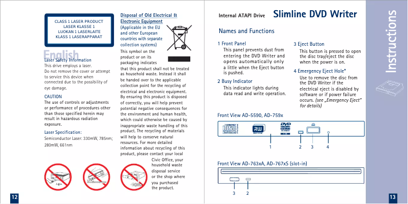 Page 1 de la notice Manuel utilisateur Sony Optiarc AD-7590