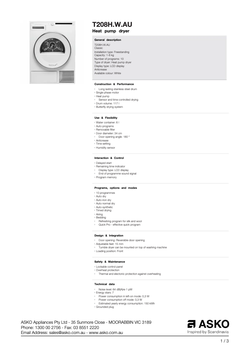 Page 1 de la notice Fiche technique Asko T208H.W.AU