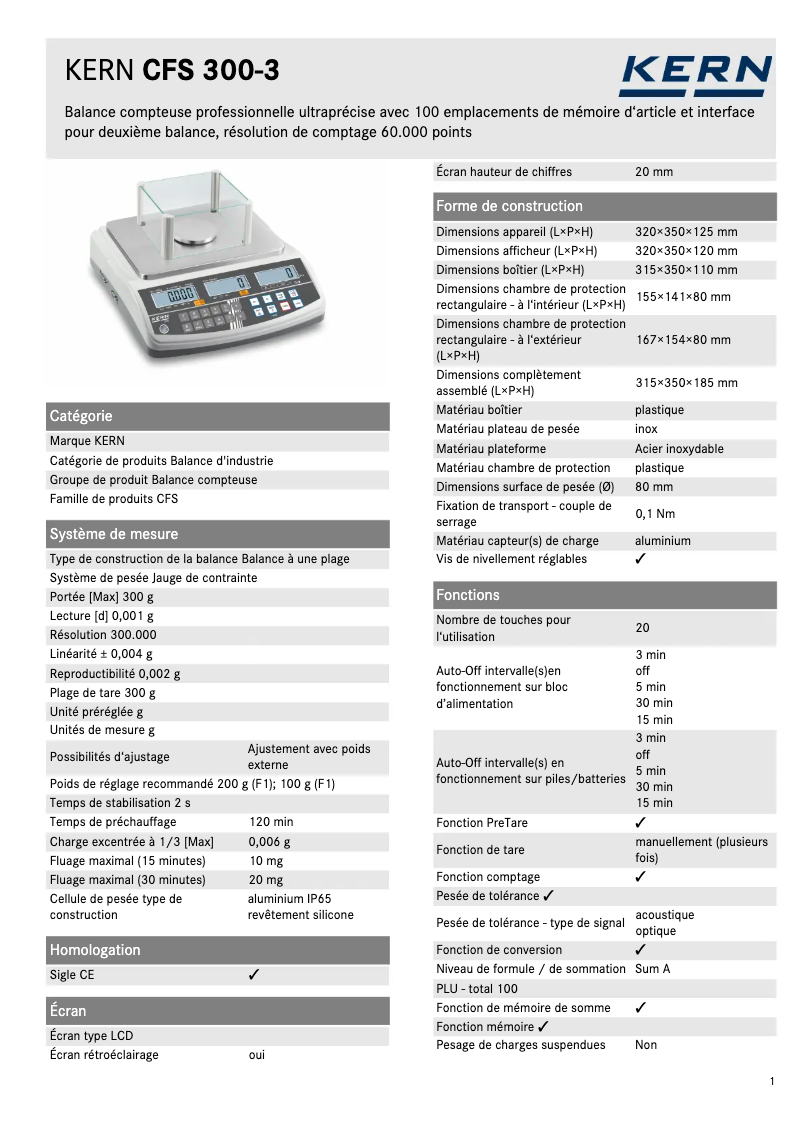 Page 1 de la notice Fiche technique Kern CFS 300-3