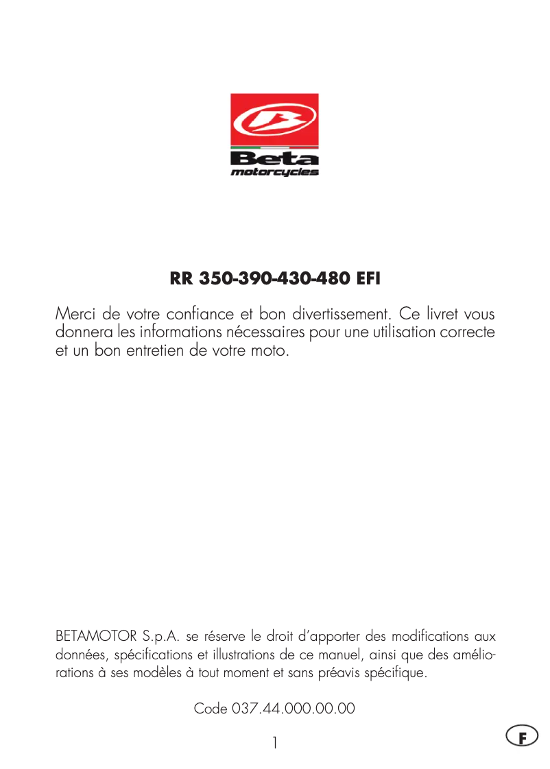 Page 1 de la notice Manuel utilisateur Beta RR 350 (2020)