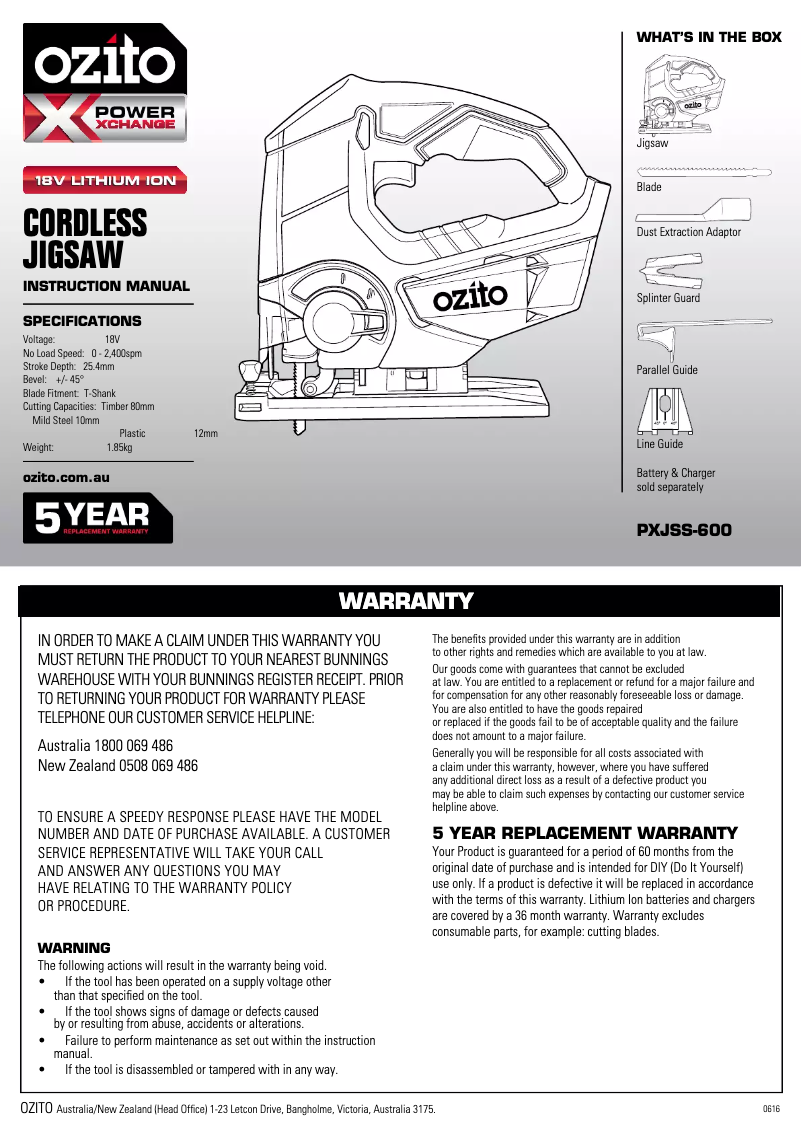 Page 1 de la notice Mode d'emploi Ozito PXJSS-600