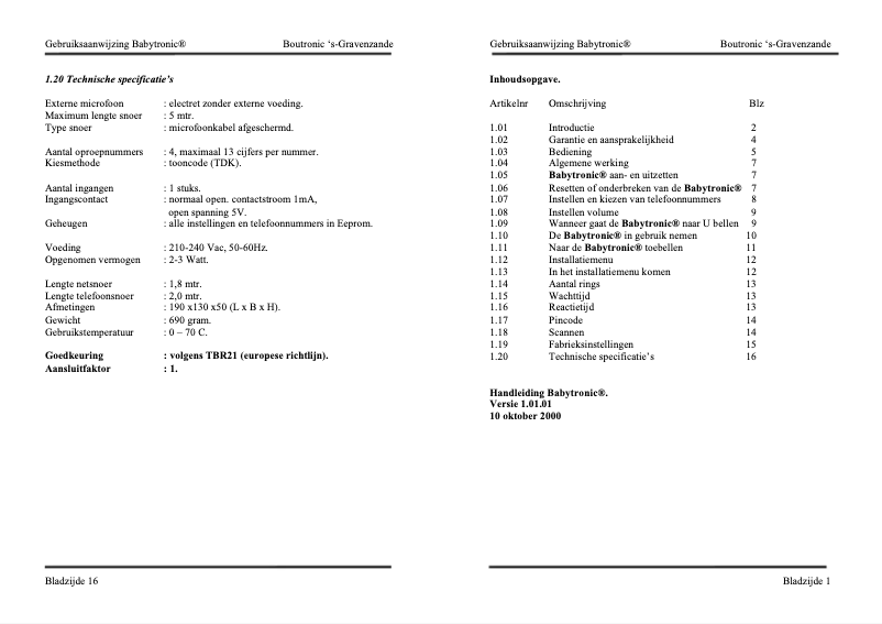 Page n°1 - Manuel utilisateur Boutronic BabyTronic