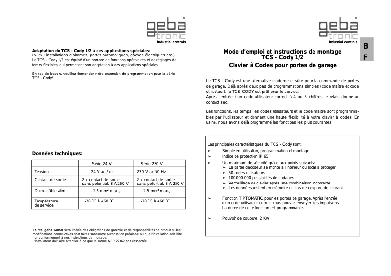 Page 1 de la notice Manuel utilisateur Geba Tronic TCS - Cody 1- 1