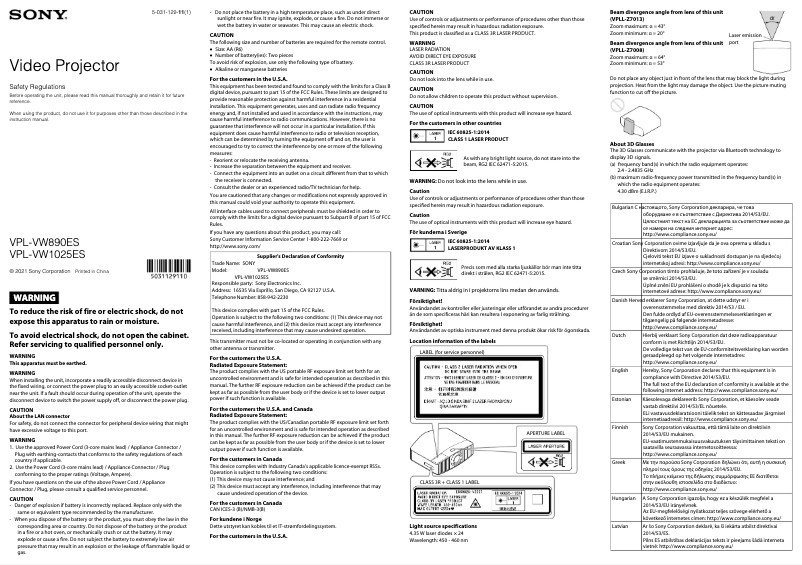 Page n°1 - Instructions de sécurité Sony VPL-VW1025ES
