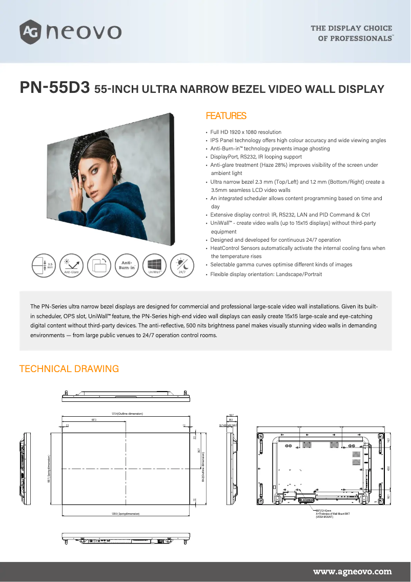 Page 1 de la notice Fiche technique AG Neovo PN-55D3