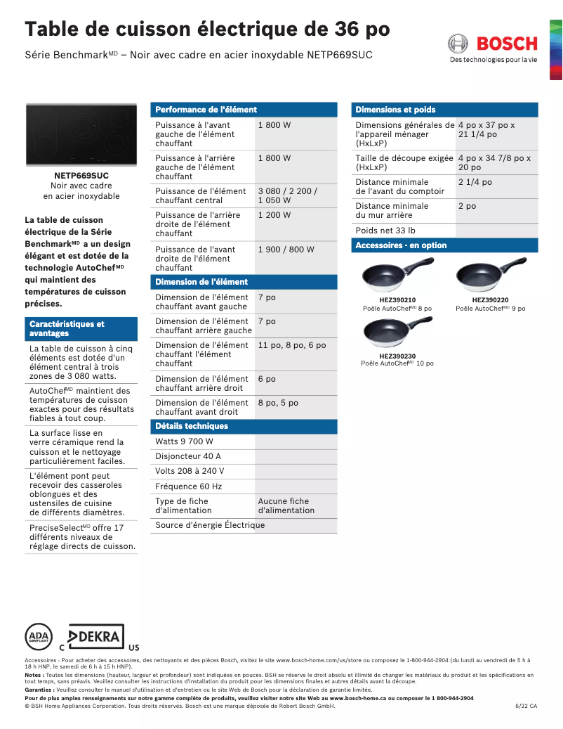 Page 1 de la notice Fiche technique Bosch NETP669SUC