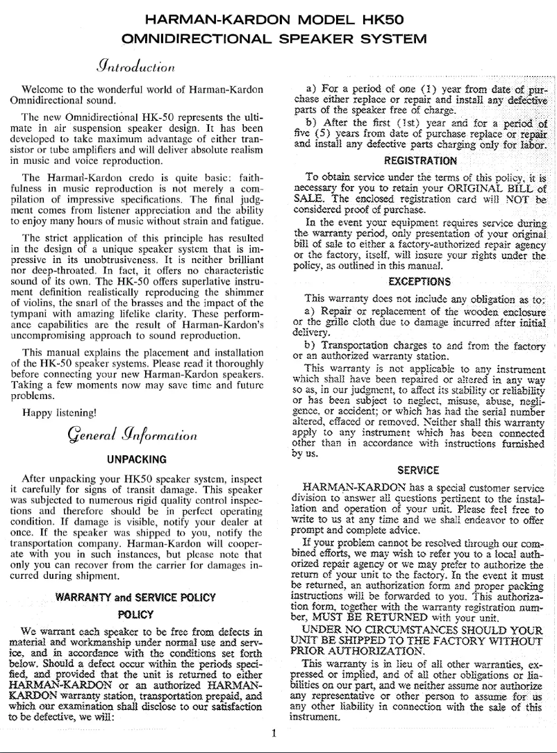 Page n°1 - Manuel utilisateur Harman Kardon HK50