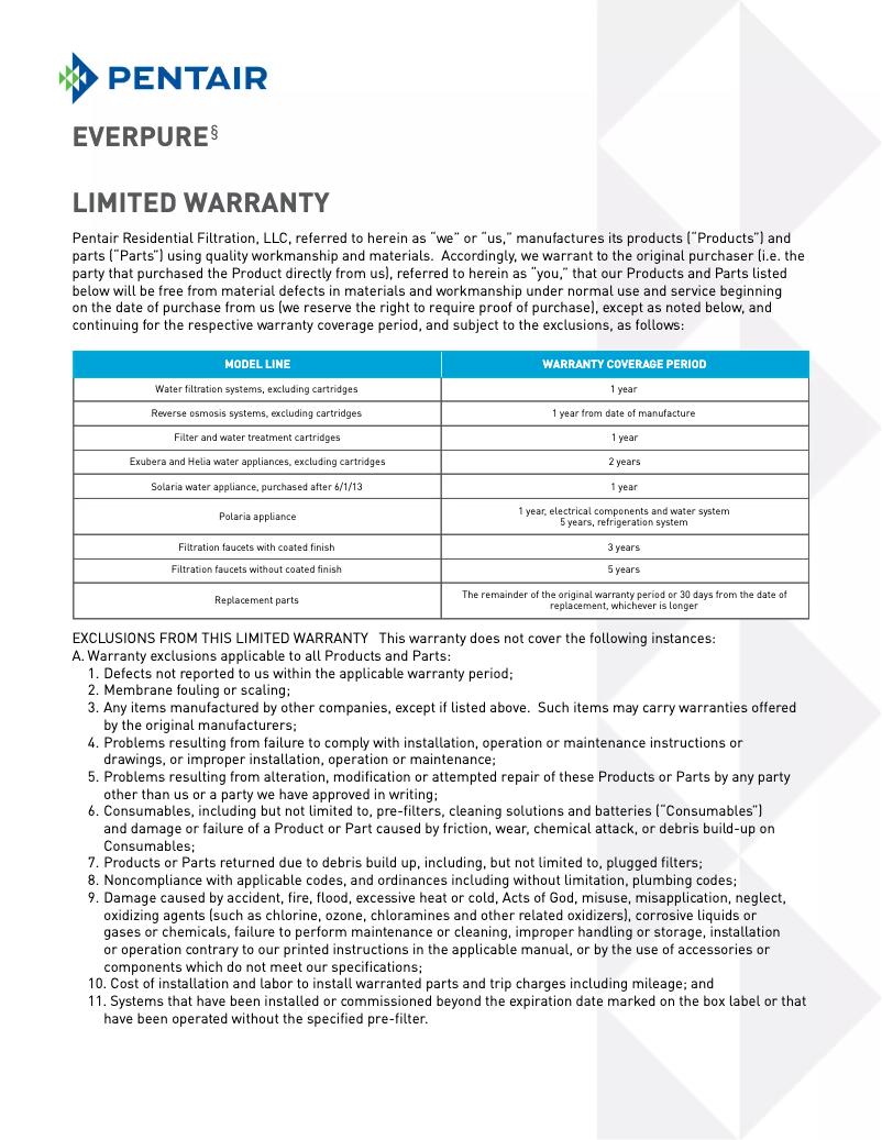 Page 1 of the manual Warranty Information Everpure H-54