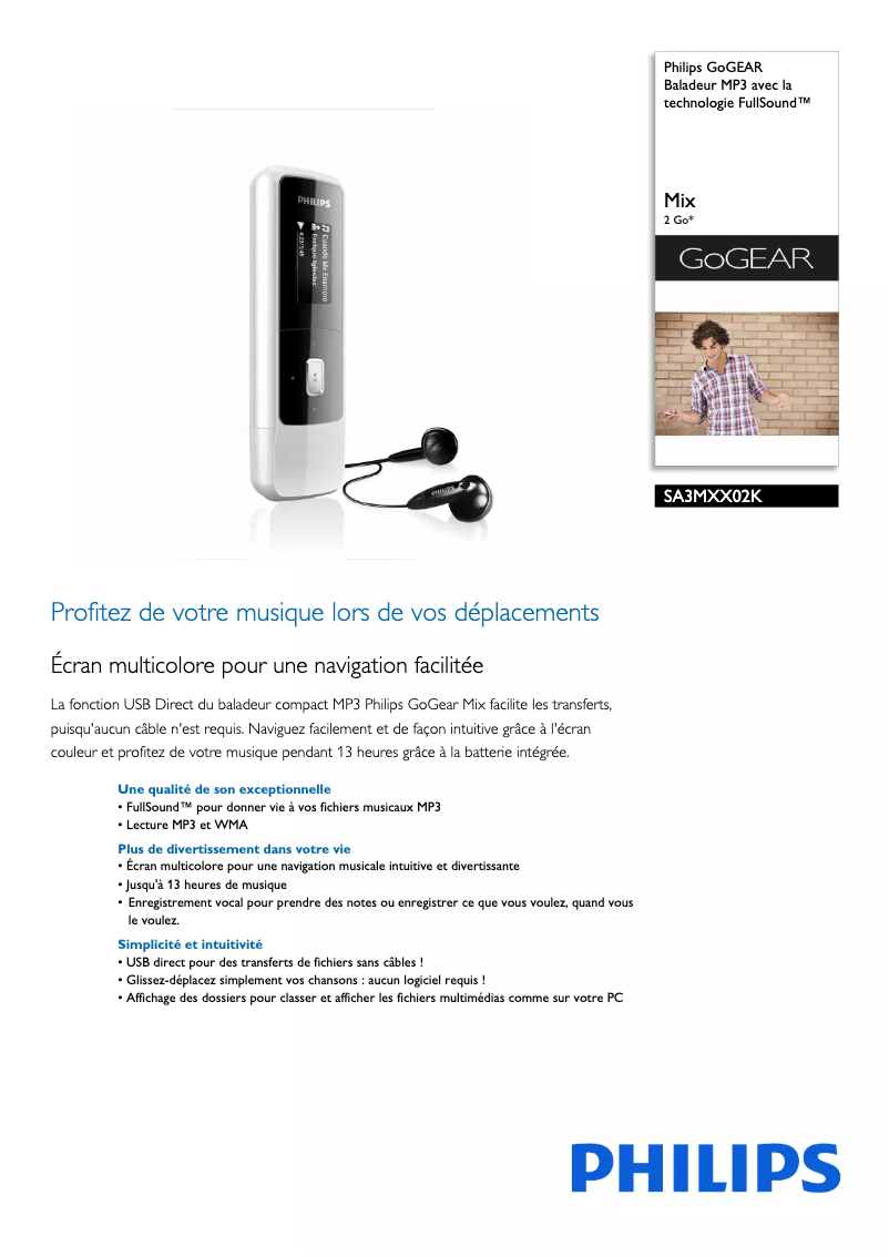 Página 1 del manual Ficha técnica Philips GoGear SA3MXX02K