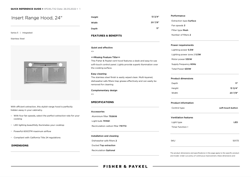 Page 1 de la notice Manuel utilisateur Fisher & Paykel HP24ILTX2