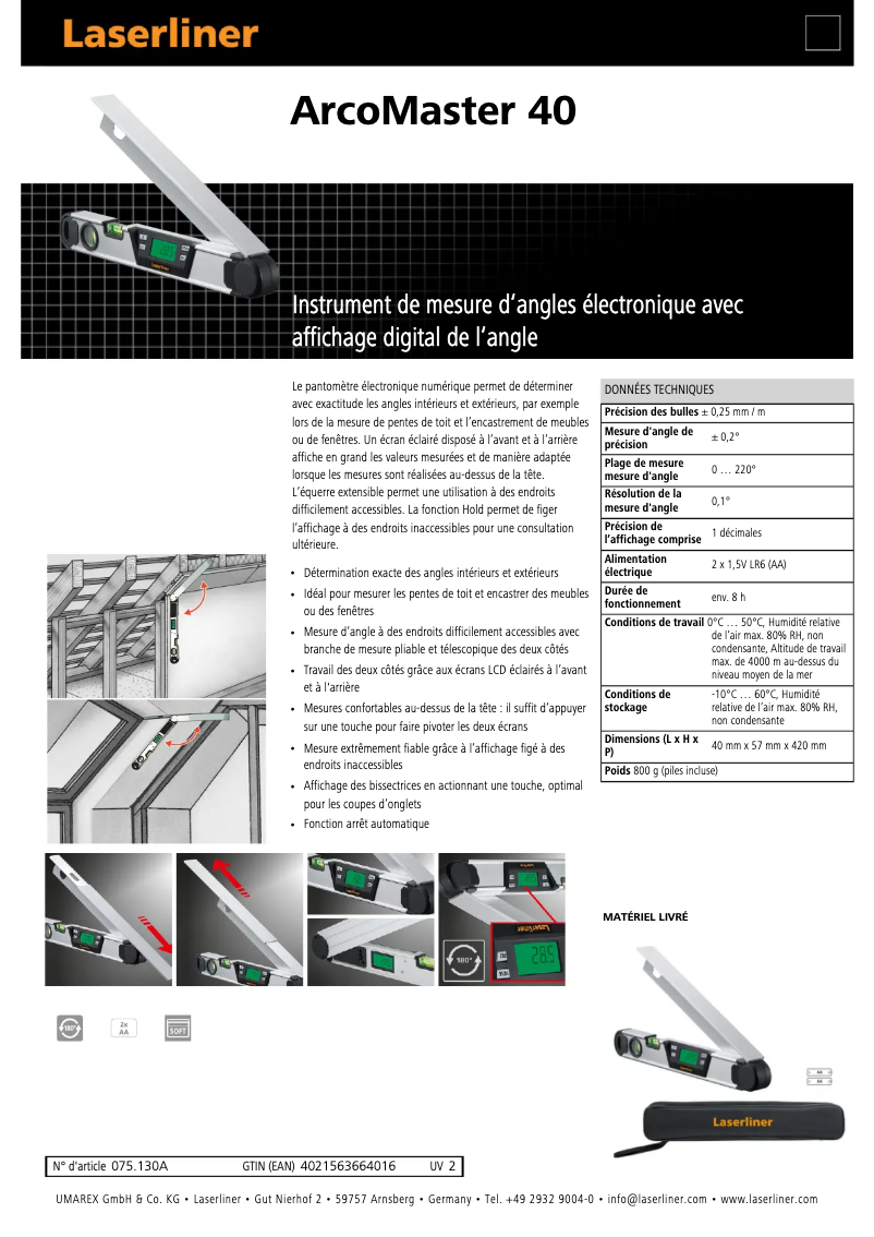 Page 1 de la notice Fiche technique Laserliner ArcoMaster 40