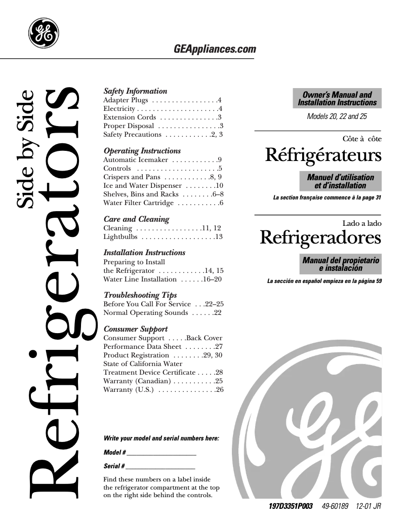 Page n°1 - Manuel d'utilisation et d'entretien GE GSS25JEMBB