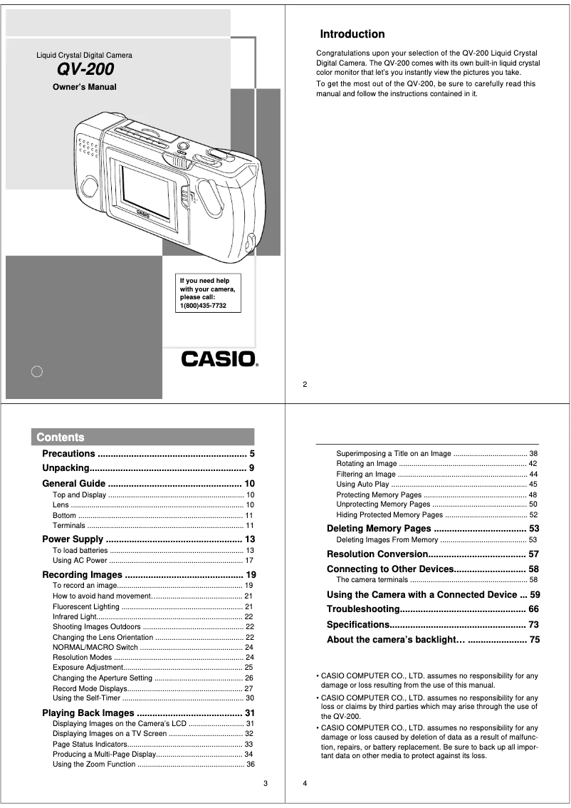 Page 1 de la notice Manuel utilisateur Casio QV-200
