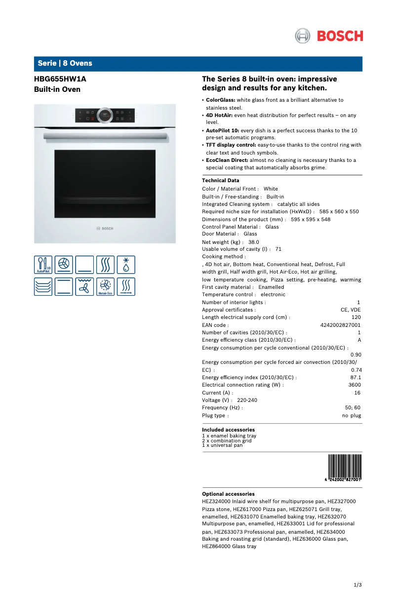Page 1 de la notice Fiche technique Bosch HBG655HW1A