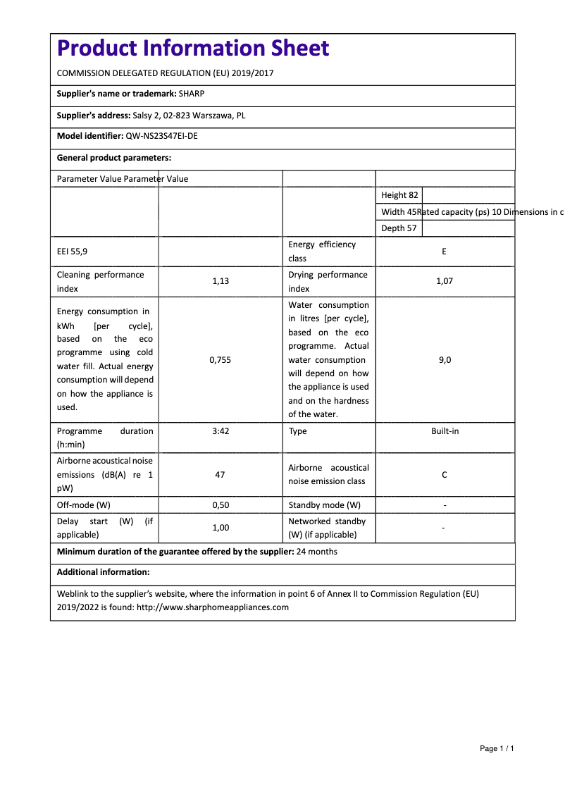 Page 1 de la notice Manuel utilisateur Sharp QW-NS22F47EW-DE