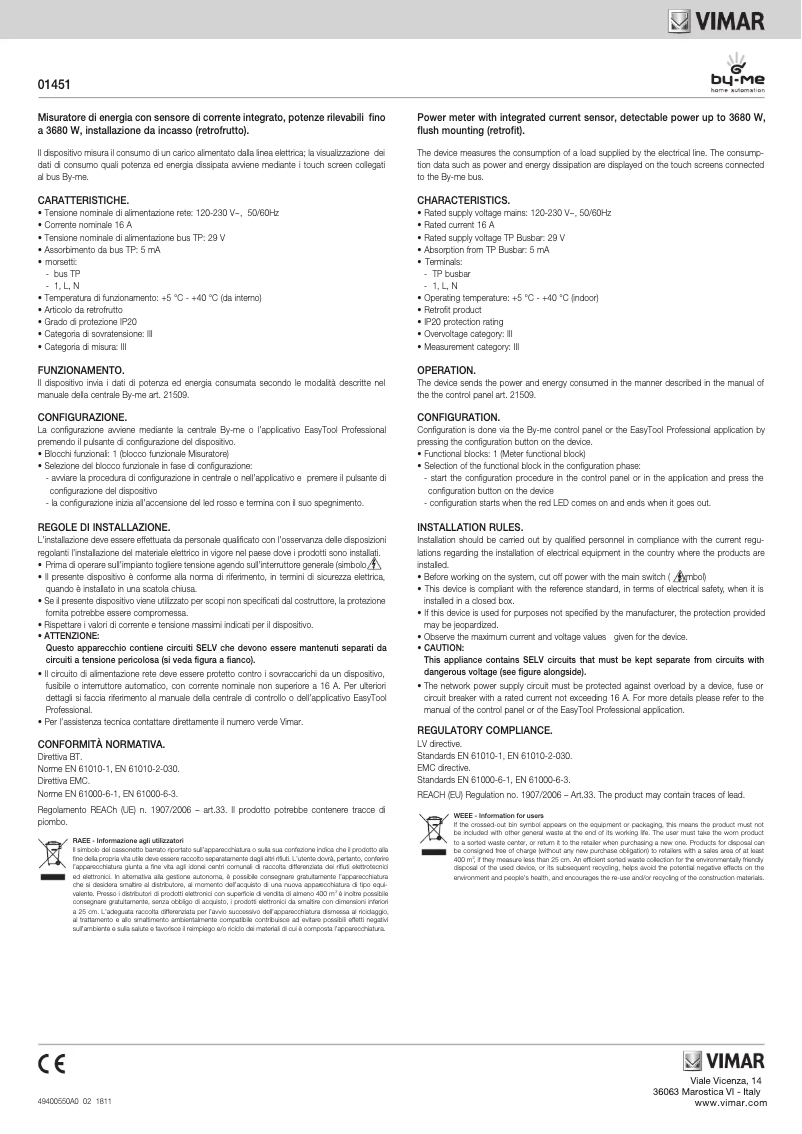 Page n°1 - Manuel utilisateur Vimar 01451