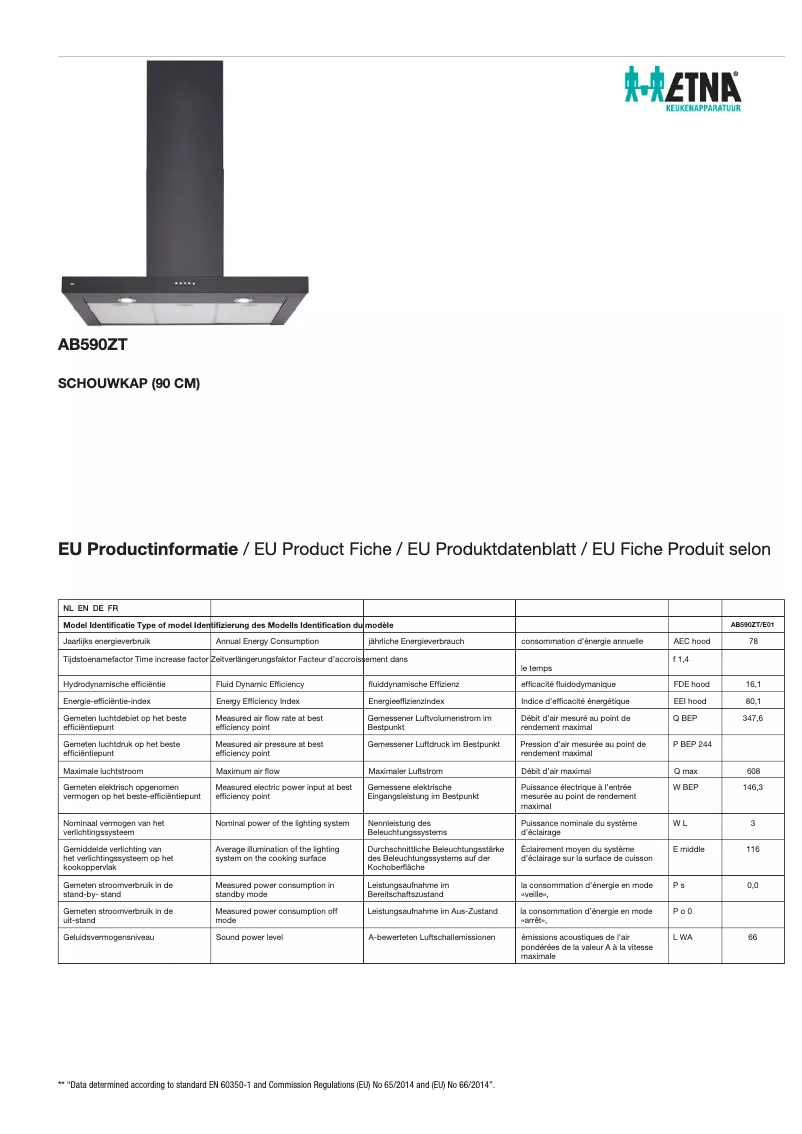 Page 1 de la notice Fiche technique Etna AB590ZT