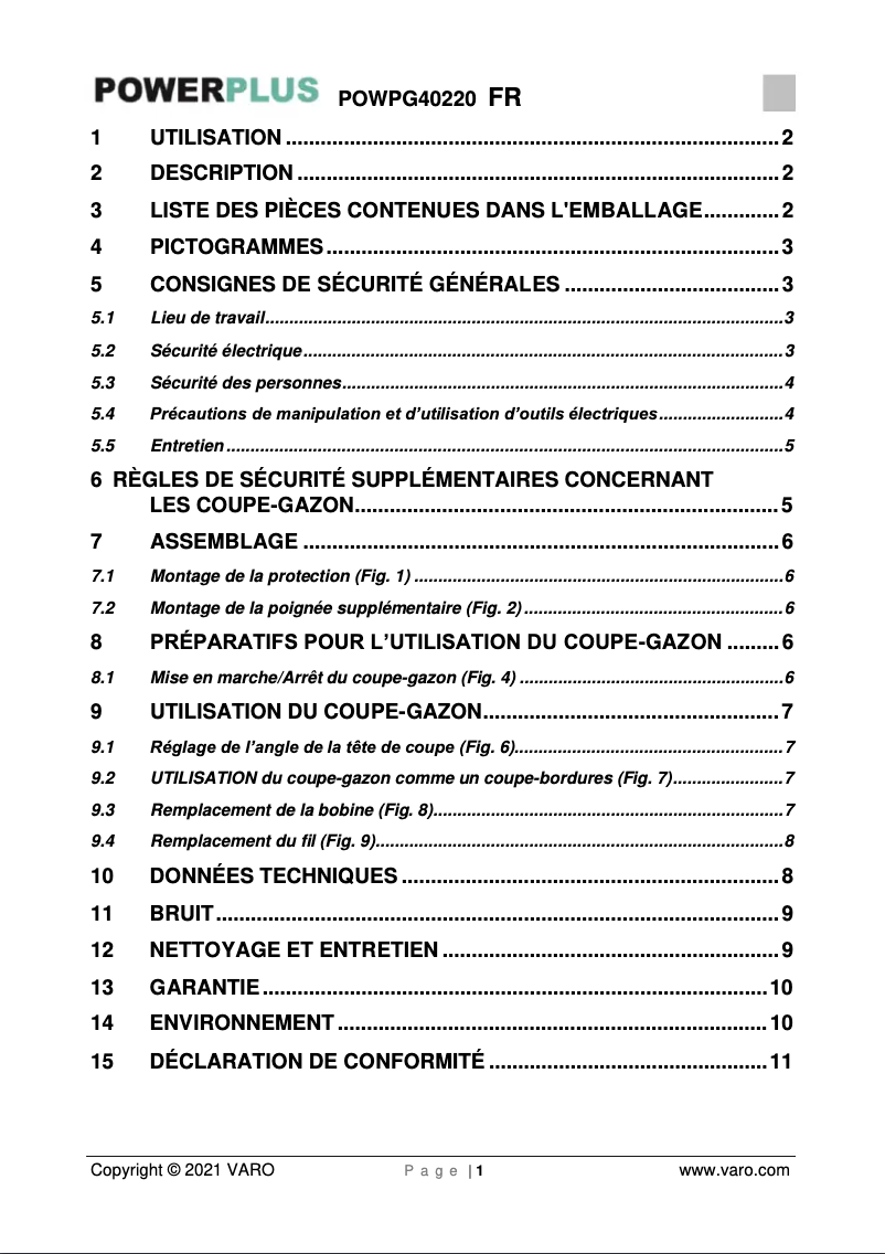 Page 1 de la notice Manuel utilisateur PowerPlus POWPG40220