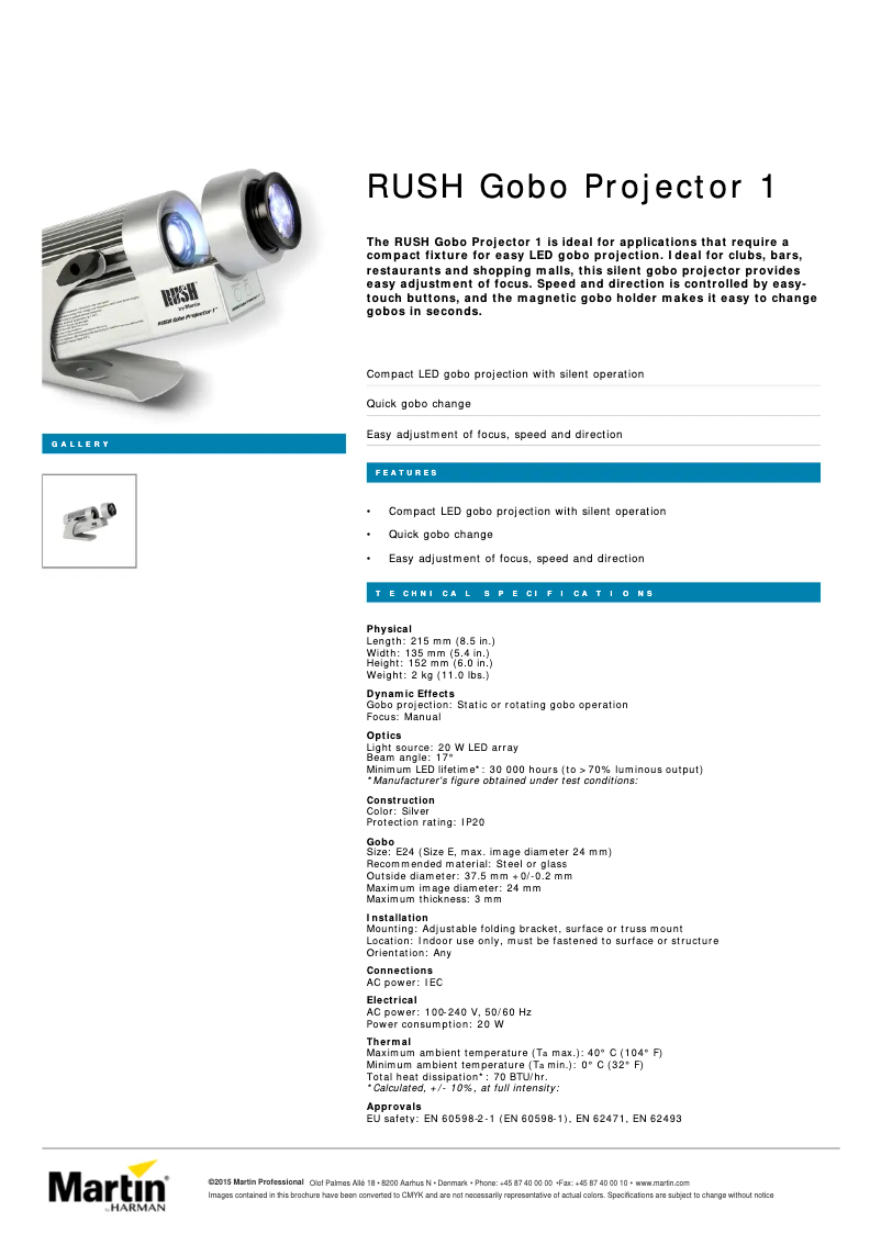 Page 1 of the manual Technical Sheet Martin RUSH Gobo Projector 1