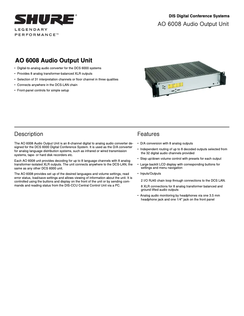 Page 1 of the manual Technical Sheet Shure AO 6008