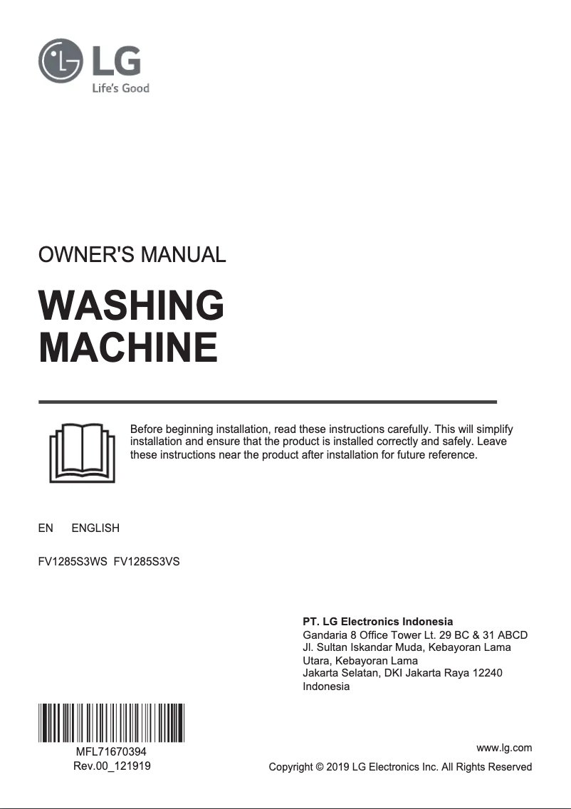 Page 1 de la notice Manuel utilisateur LG FV1285S3VS