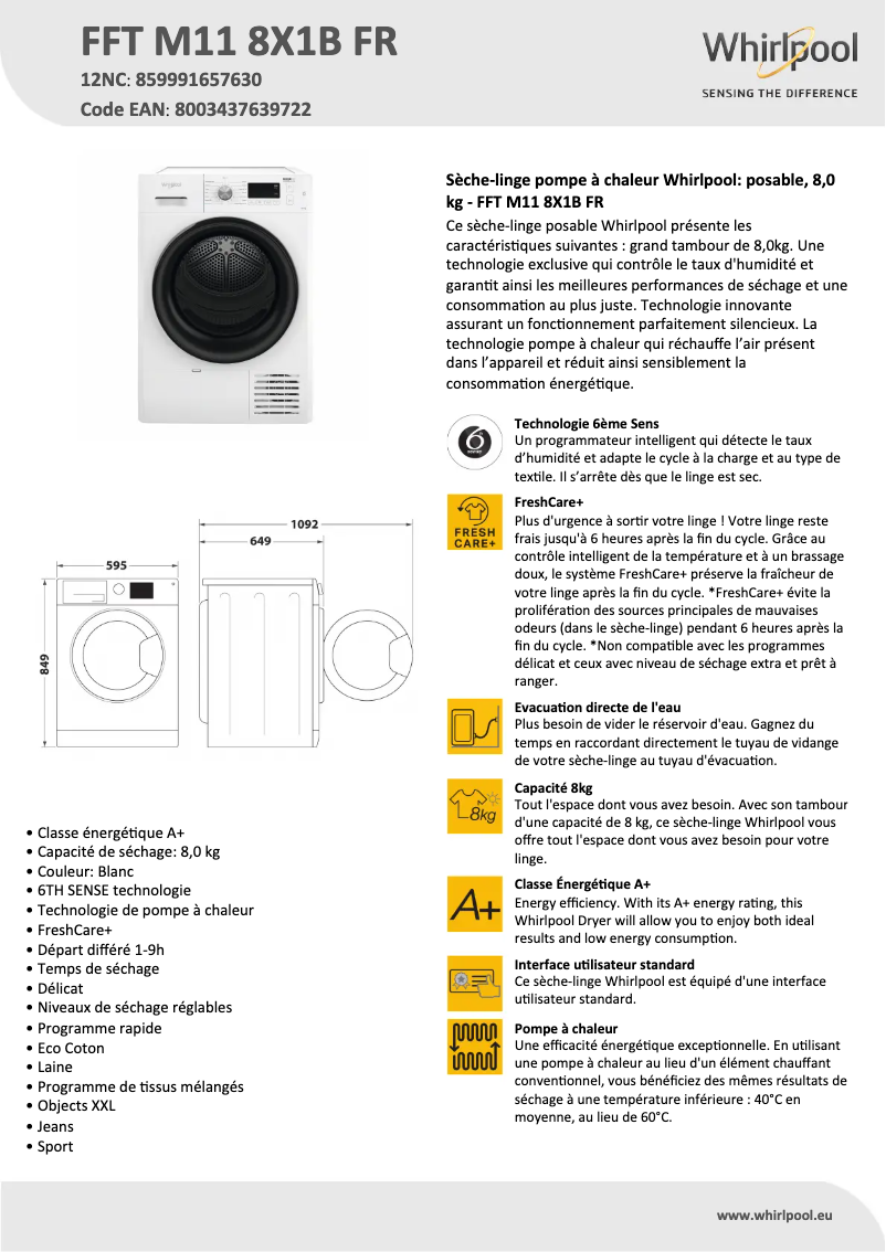 Page n°1 - Fiche technique Whirlpool FFT M11 8X1B FR