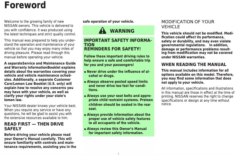 Page 1 de la notice Manuel utilisateur Nissan Maxima (2003)