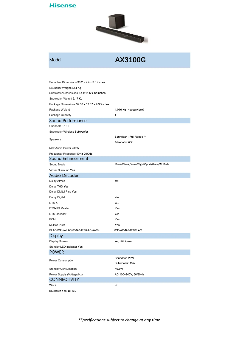 Page n°1 - Fiche technique Hisense AX3100G