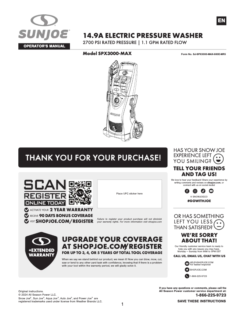 Page 1 de la notice Manuel utilisateur Sun Joe SPX3000-MAX