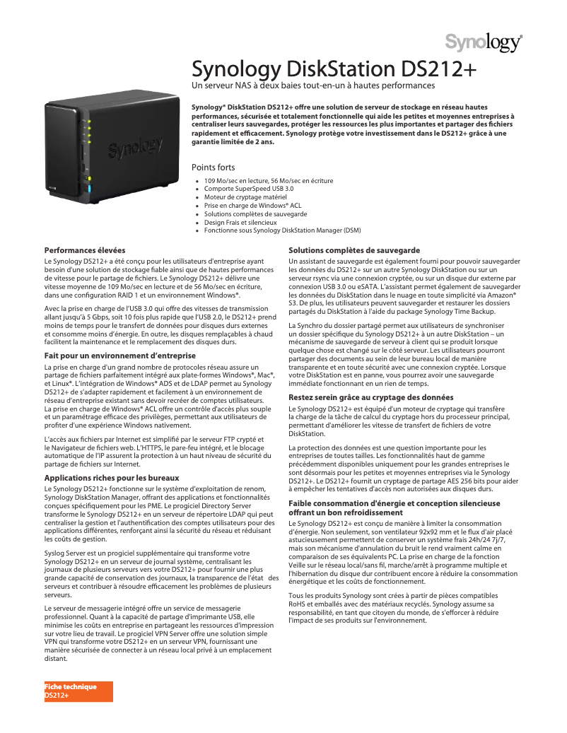 Image de la première page du manuel de l'appareil DiskStation DS212+