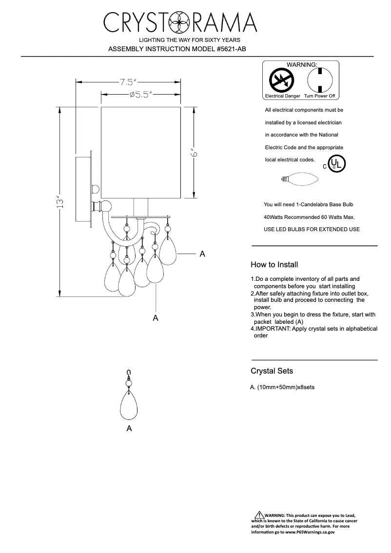 Página 1 del manual Manual de usuario Crystorama Hampton 5621-AB