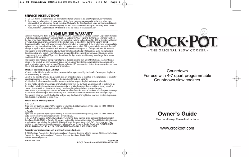 Page 1 de la notice Manuel utilisateur Crock-Pot Countdown SCVC651-F