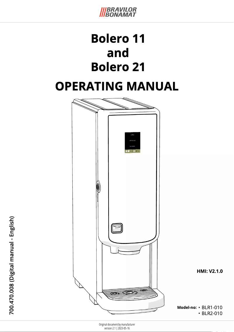 Page 1 de la notice Manuel utilisateur Bravilor Bonamat Bolero 11