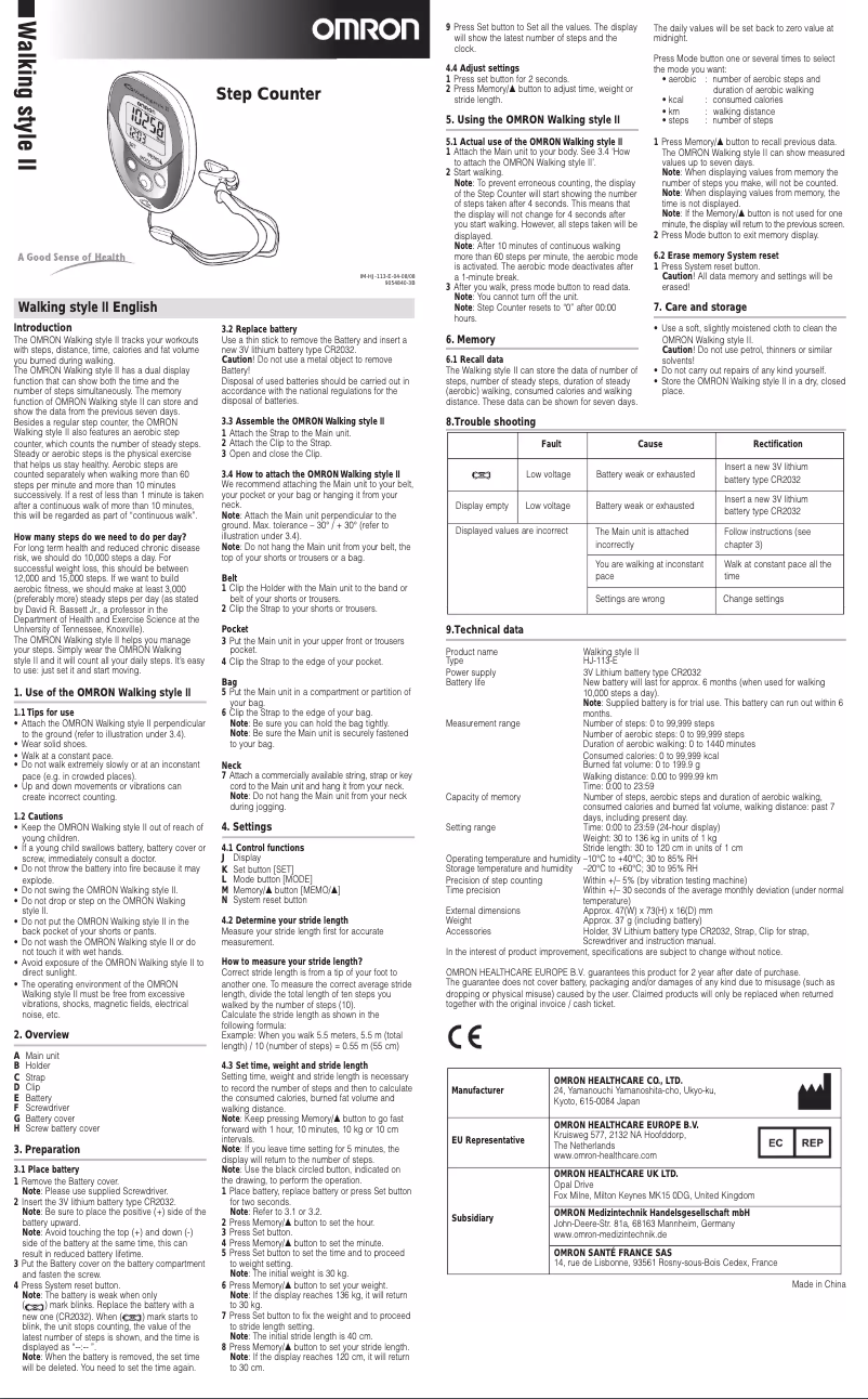 Page 1 de la notice Manuel utilisateur Omron HJ-113