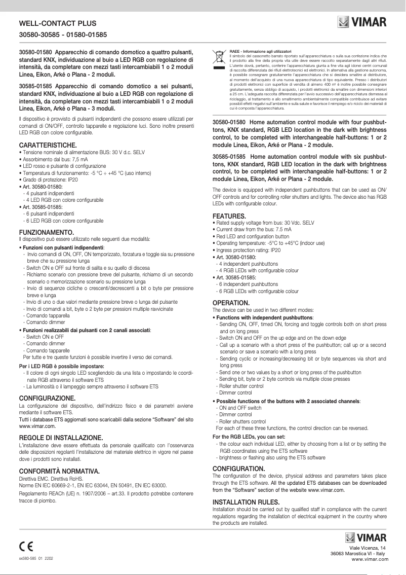 Page 1 de la notice Instructions / montage Vimar 30580