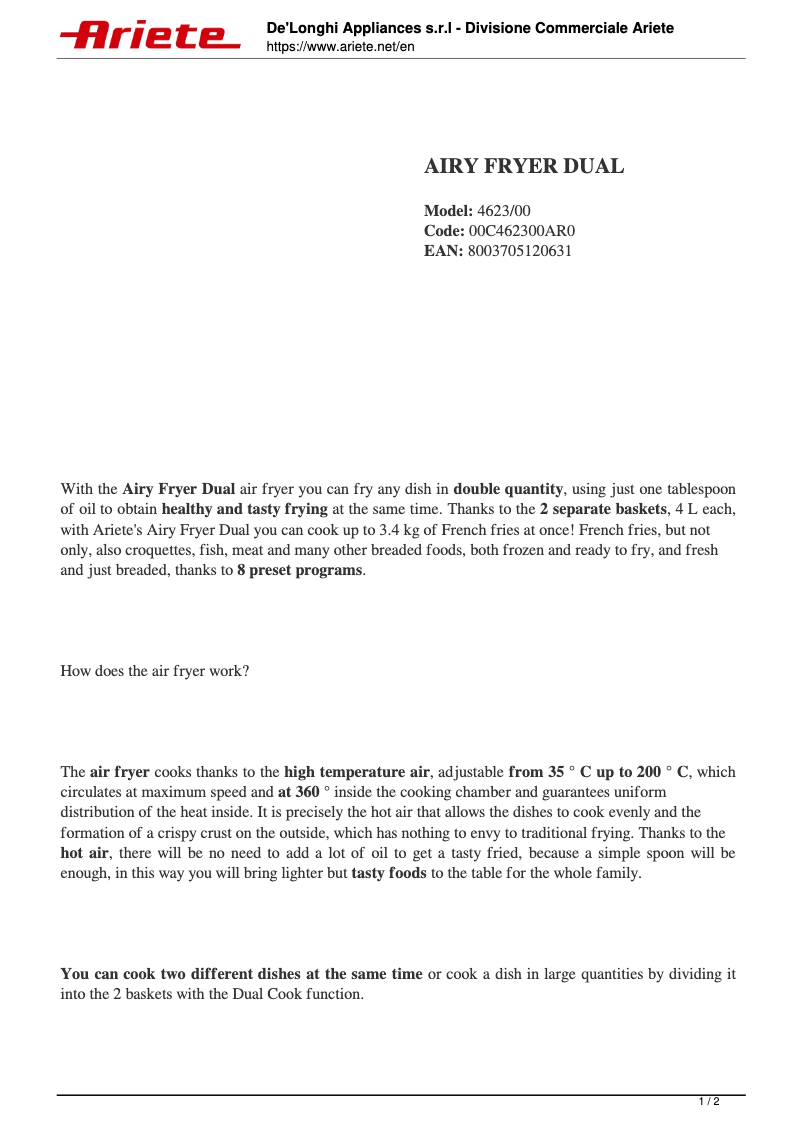 Page 1 de la notice Fiche technique Ariete 4623