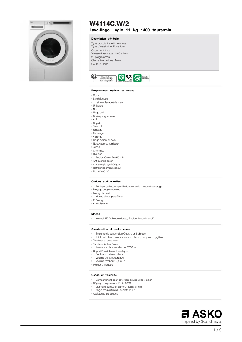 Page n°1 - Fiche technique Asko W4114CW2