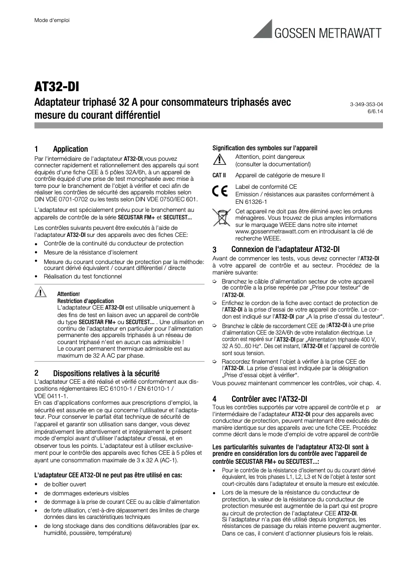 Page 1 de la notice Manuel utilisateur Gossen Metrawatt AT32-DI