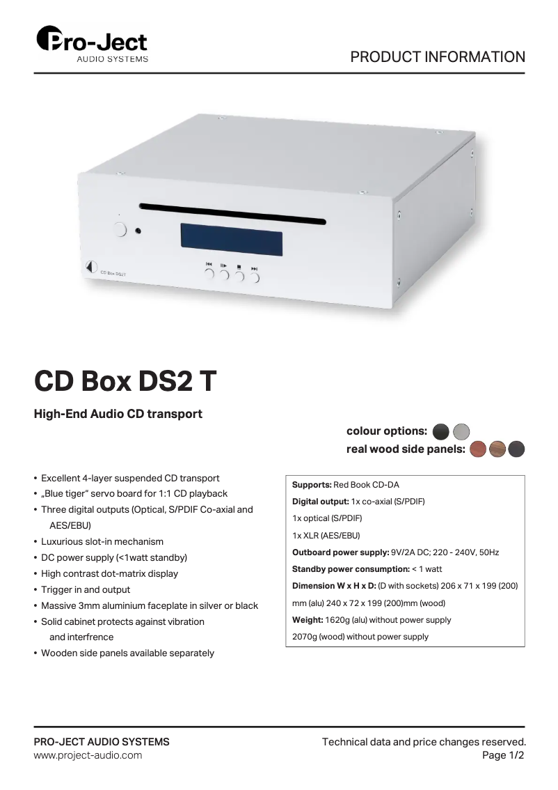 Page 1 de la notice Fiche technique Pro-Ject CD Box DS2T