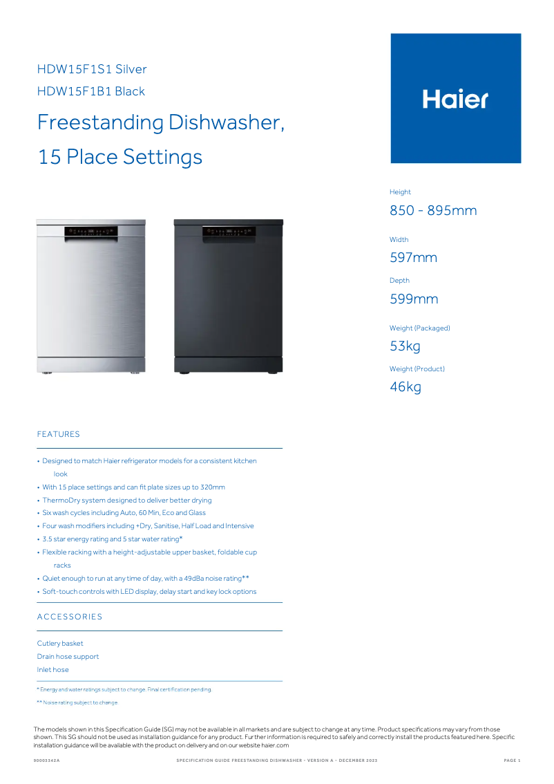 Page 1 de la notice Fiche technique Haier HDW15F1B1
