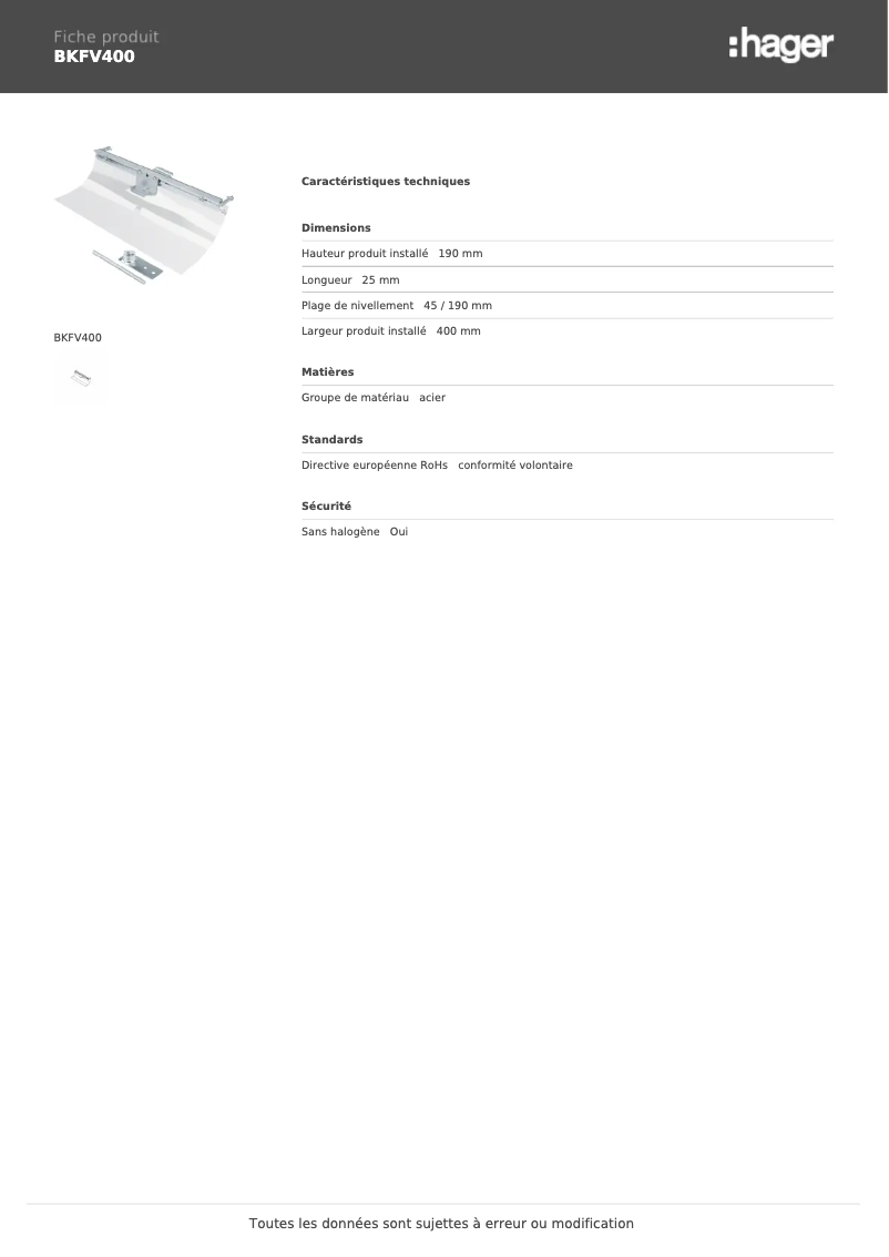 Page n°1 - Fiche technique Hager BKFV400