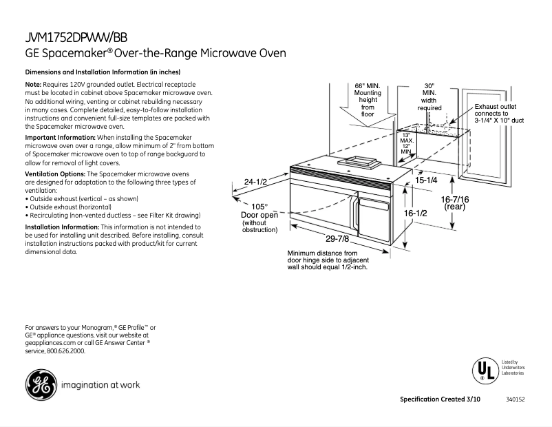 Página 1 del manual Ficha técnica GE JVM1752DPWW