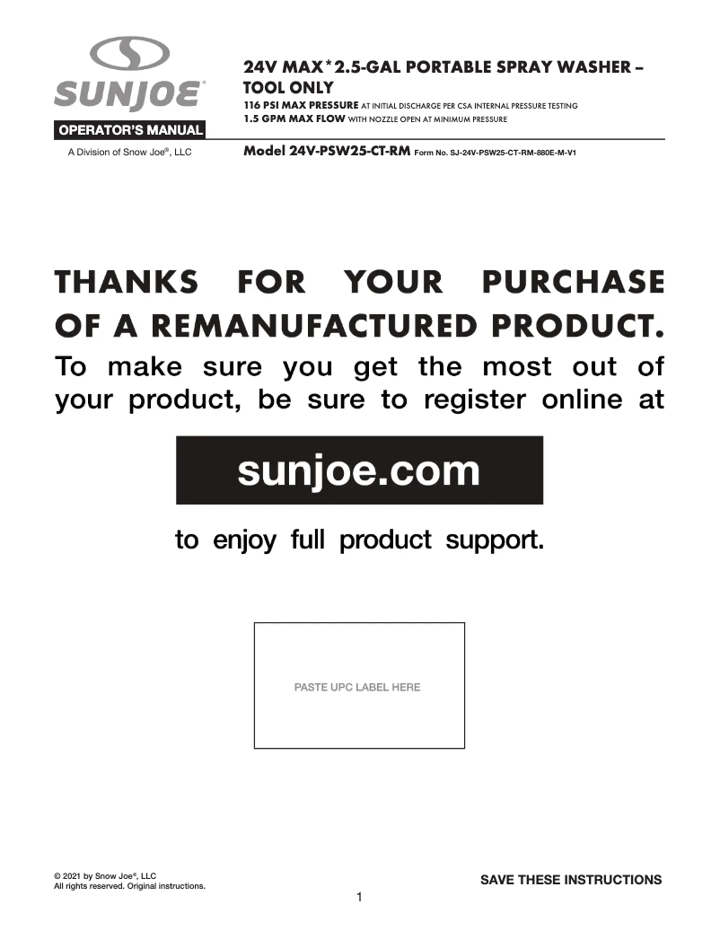 Page 1 de la notice Manuel utilisateur Sun Joe 24V-PSW25-CT-RM