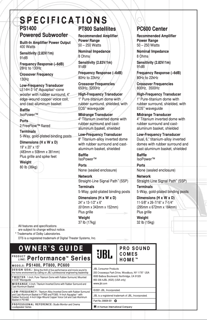 Page n°1 - Manuel utilisateur JBL Performance PC600