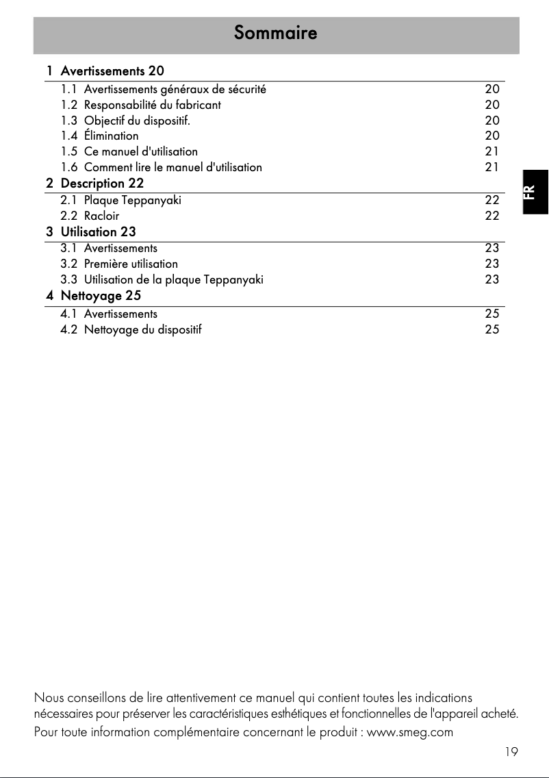 Page 1 de la notice Manuel utilisateur Smeg TPKCPF9