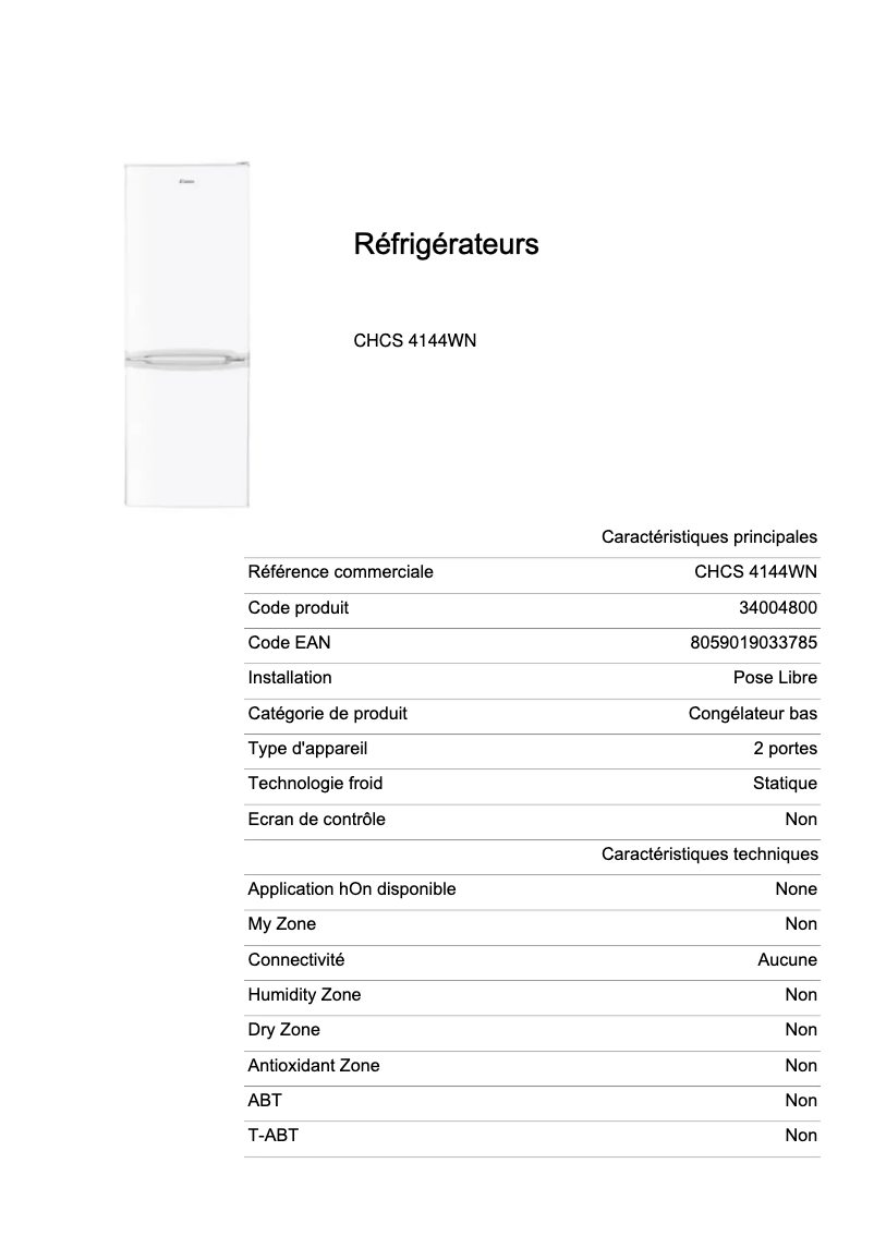 Page 1 de la notice Fiche technique Candy CHCS 4144WN