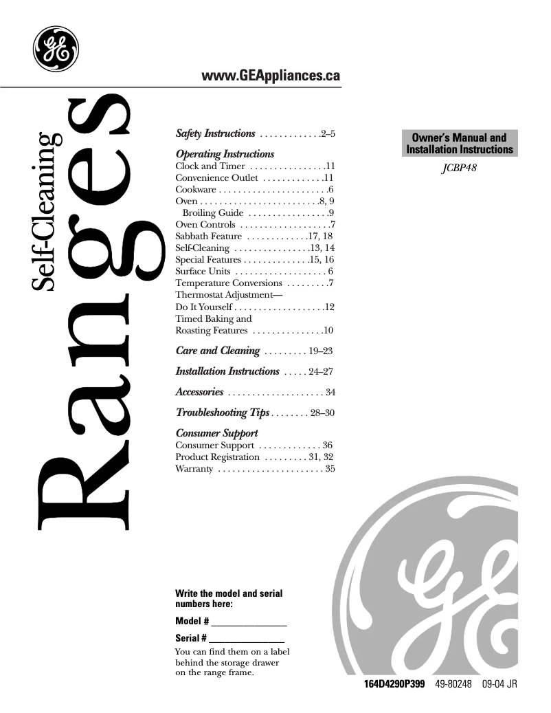 Page 1 de la notice Manuel utilisateur GE JCBP48WJWW