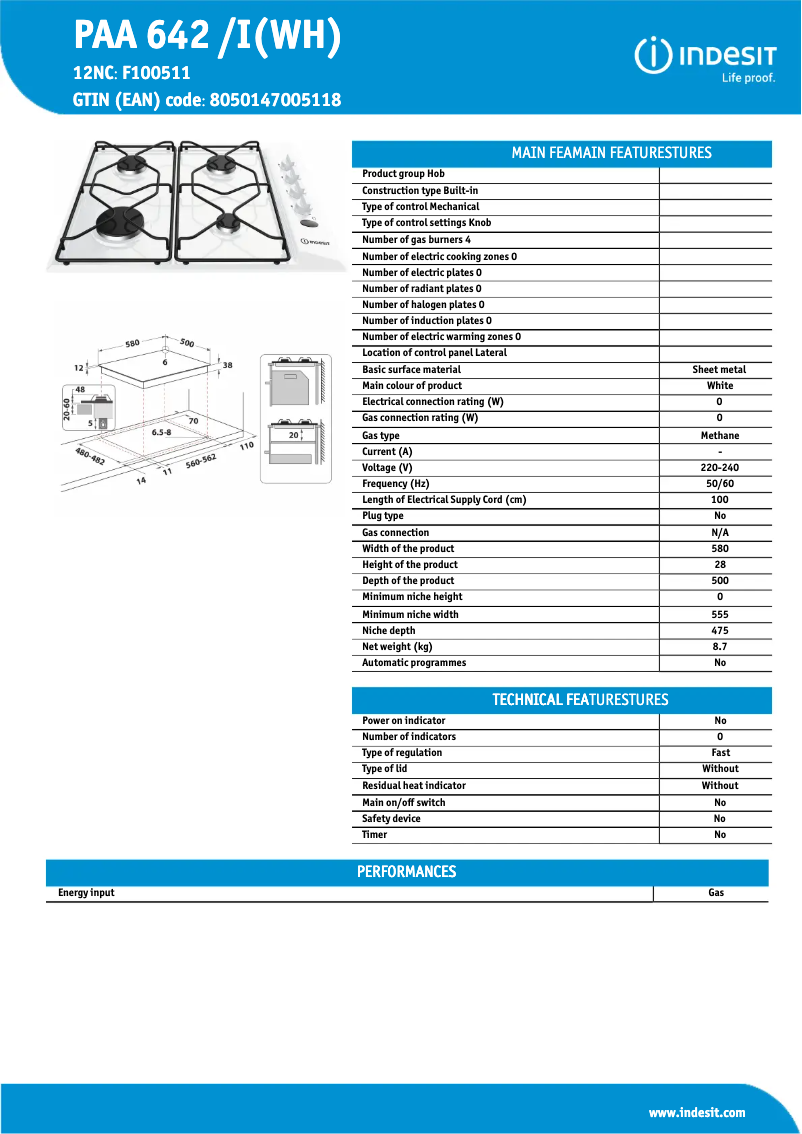 Page n°1 - Fiche technique Indesit PAA 642 /I(WH)