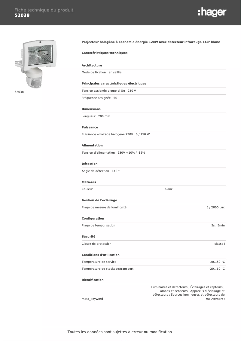 Página 1 del manual Ficha técnica Hager 52038