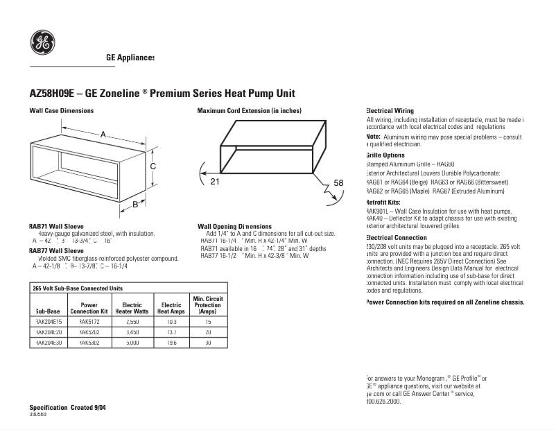 Page 1 de la notice Fiche technique GE AZ58H09EAD